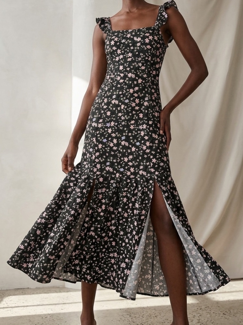 H&M Divided Black Floral Square-Neck Midi Dress with Ruffle Straps